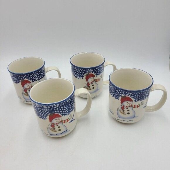 Vintage Thomson Pottery Snowman Coffee Mugs Set 4 Winter - Picture 2 of 7